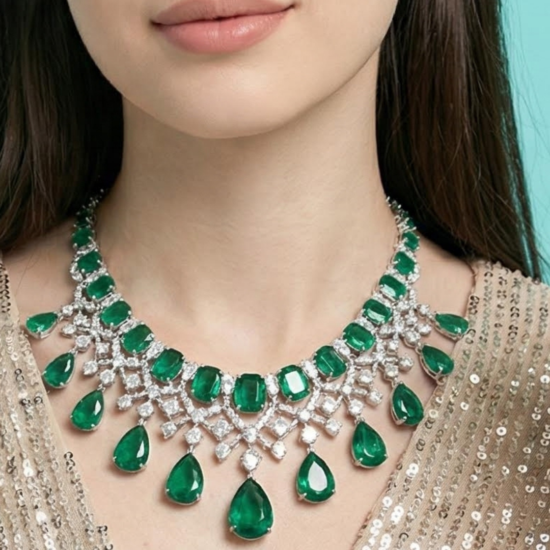 Model wearing adenis jewellery emerald jewelry necklace